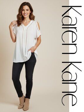 Karen Kane White Cold Shoulder Peasant Blouse L Boho Ruffle Romantic Top NWT